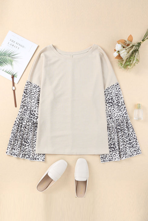 Beige Leopard Bell Sleeve Patchwork Plus Size Top